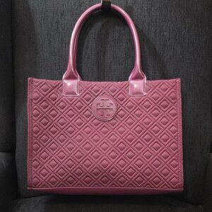 Tory Burch Burgundy Wine Color Ella Quilted Patent Leather Trim Tote